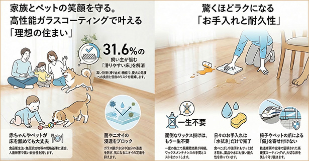 家族とペットの笑顔を守る。高性能ガラスコーティングで叶える「理想の住まい」驚くほどラクになる「お手入れと耐久性」